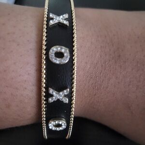 Lane Bryant Valentine's Y2K Gold Plated Bracelet w Sparkle XOXO on Black Leather